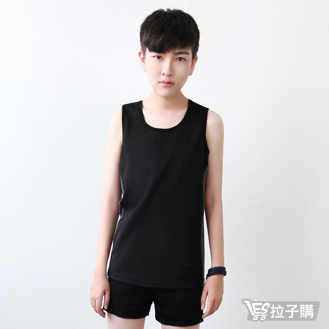 【ZeroBra】Black and gray color-blocked sleeveless hook-and-loop corset swimsuit set