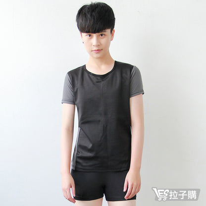 【ZeroBra】Black and gray color-blocked short-sleeved hook-up corset swimsuit set 